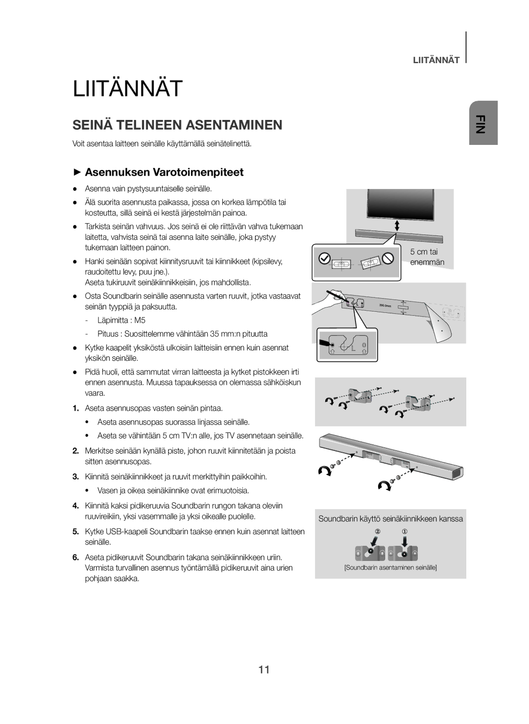 Samsung HW-H450/XE manual Liitännät, Seinä Telineen Asentaminen, + Asennuksen Varotoimenpiteet 