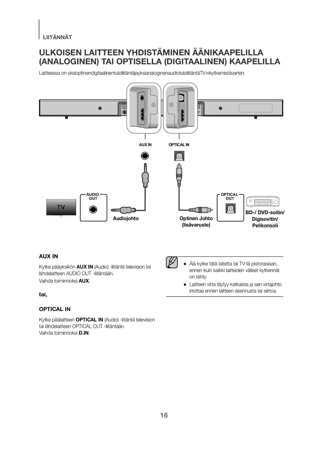 Samsung HW-H450/XE manual BD-/ DVD-soitin Audiojohto Optinen Johto, LisävarustePelikonsoli, Vaihda toiminnoksi AUX 