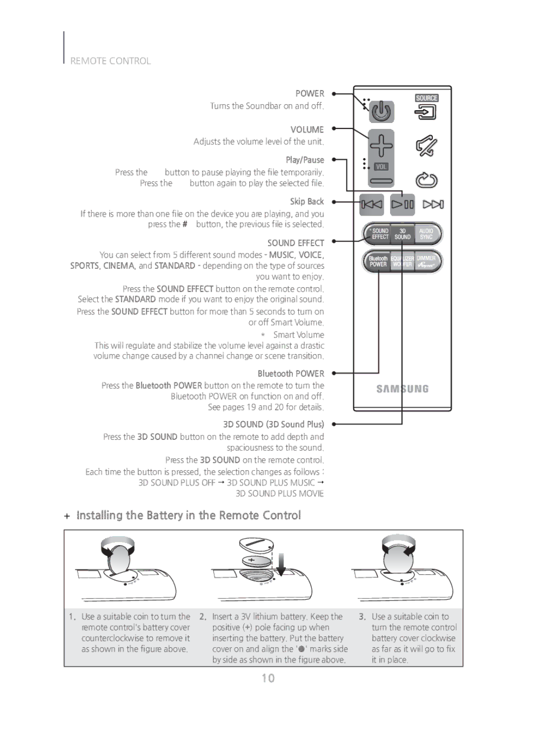 Samsung HW-H450/ZA manual + Installing the Battery in the Remote Control, Play/Pause, Skip Back, Bluetooth Power 