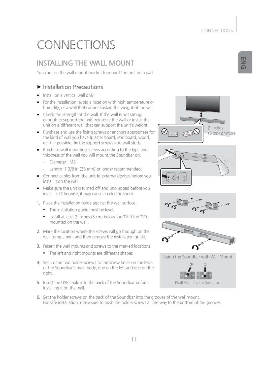 Samsung HW-H450/ZA manual Connections, Installing the Wall Mount, + Installation Precautions 