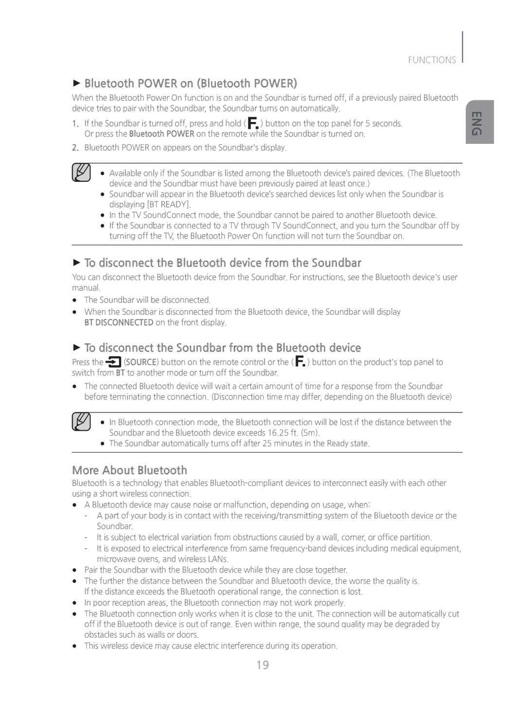 Samsung HW-H450/ZA manual + Bluetooth Power on Bluetooth Power, + To disconnect the Bluetooth device from the Soundbar 