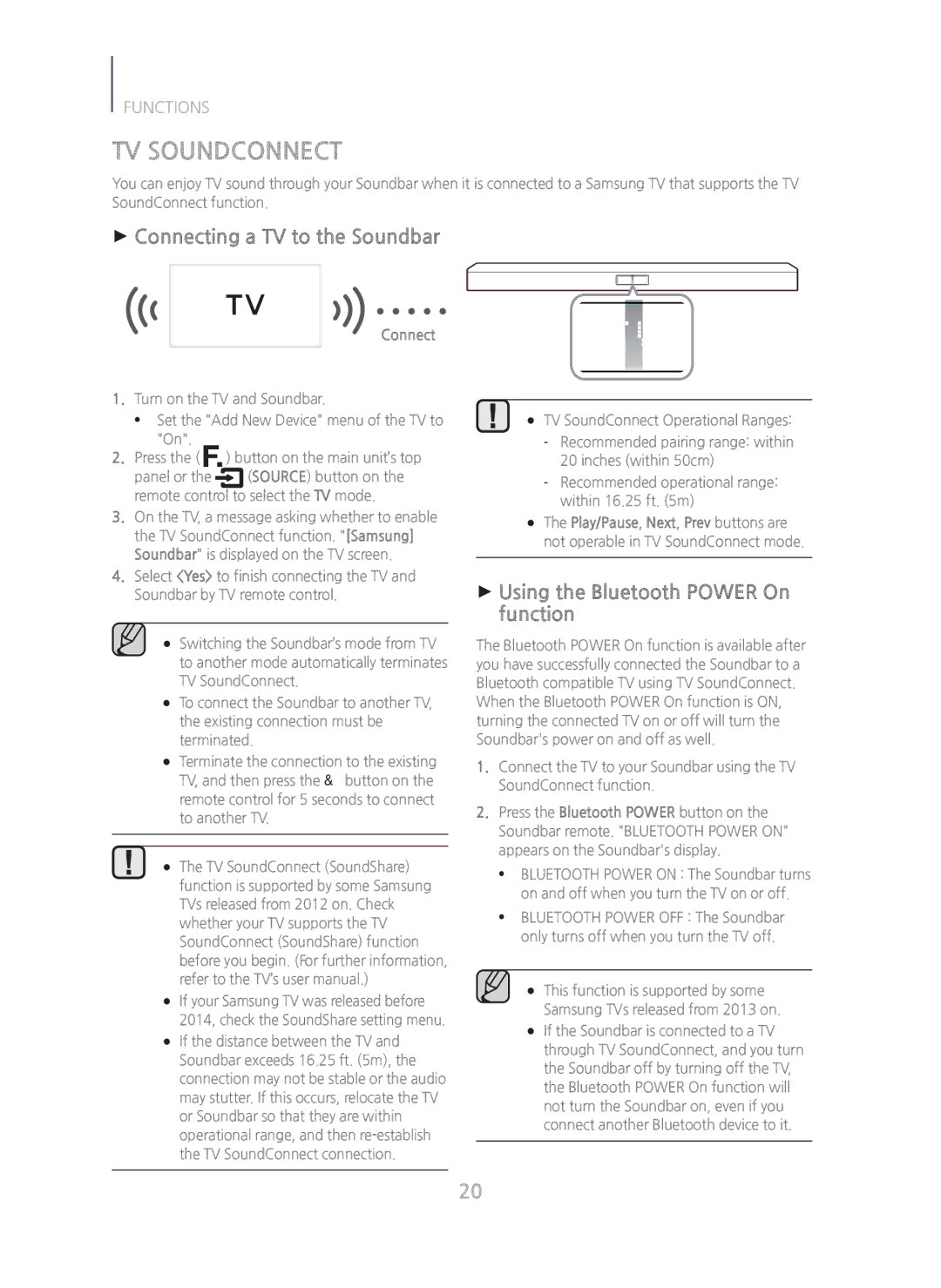 Samsung HW-H450/ZA manual TV Soundconnect, + Connecting a TV to the Soundbar, + Using the Bluetooth Power On function 