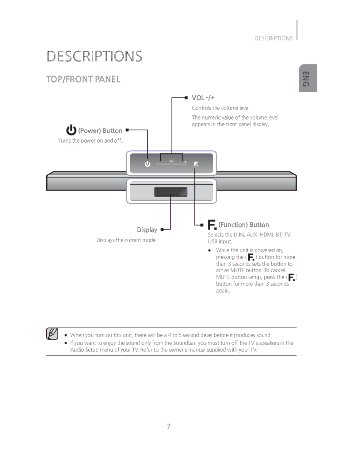 Samsung HW-H450/ZA manual Descriptions, TOP/FRONT Panel 