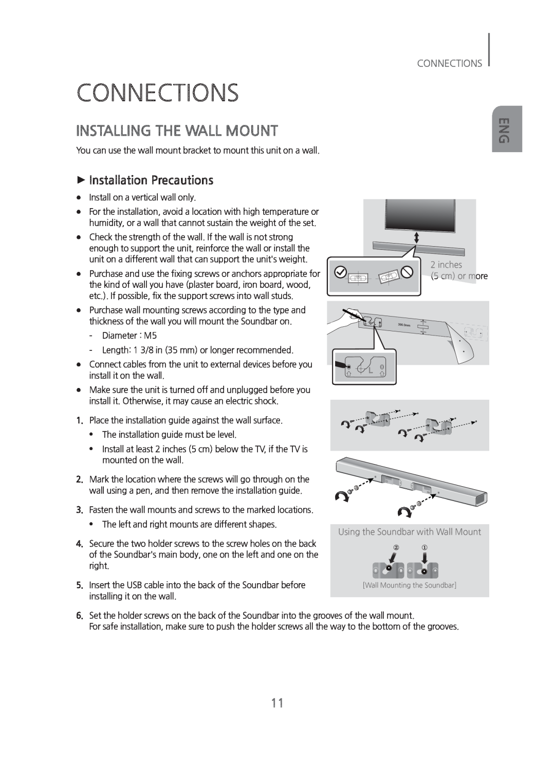 Samsung HW-H450/ZA manual Connections, Installing The Wall Mount, +Installation Precautions 