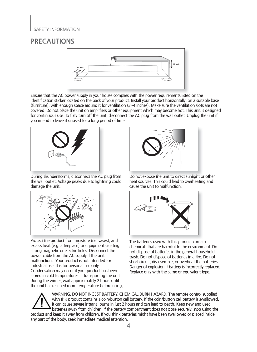 Samsung HW-H450/ZA manual Precautions, Safety Information, inch 