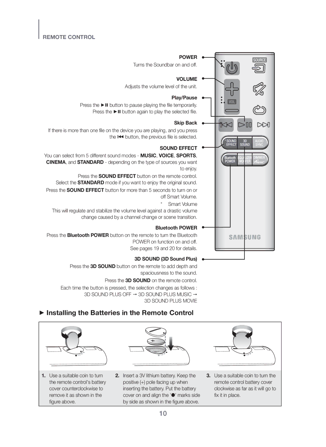 Samsung HW-H450/UM, HW-H450/ZN, HW-H450/SJ manual + Installing the Batteries in the Remote Control 