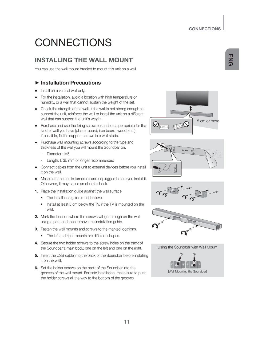 Samsung HW-H450/SJ, HW-H450/ZN, HW-H450/UM manual Connections, Installing the Wall Mount 