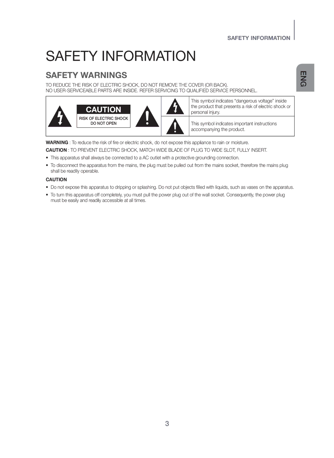 Samsung HW-H450/ZN, HW-H450/UM, HW-H450/SJ manual Safety Information, Safety Warnings 