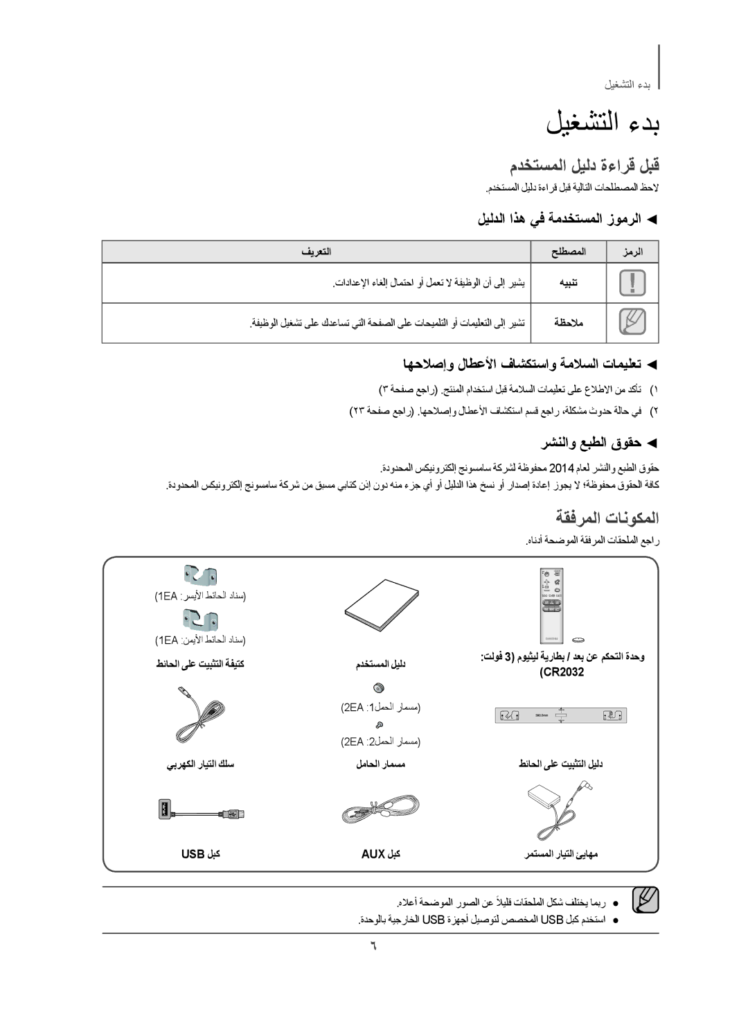 Samsung HW-H450/UM manual ﻡﺩﺧﺗﺳﻣﻟﺍ ﻝﻳﻟﺩ ﺓءﺍﺭﻗ ﻝﺑﻗ, ﺔﻘﻓﺭﻣﻟﺍ ﺕﺎﻧﻭﻛﻣﻟﺍ, ﻝﻳﻟﺩﻟﺍ ﺍﺫﻫ ﻲﻓ ﺔﻣﺩﺧﺗﺳﻣﻟﺍ ﺯﻭﻣﺭﻟﺍ, ﺭﺷﻧﻟﺍﻭ ﻊﺑﻁﻟﺍ ﻕﻭﻘﺣ 