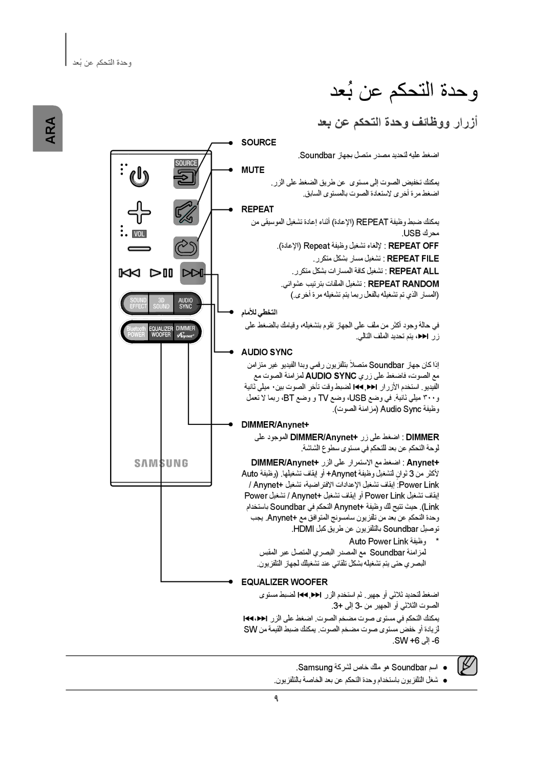 Samsung HW-H450/UM, HW-H450/ZN manual ﺩﻌﺑُﻥﻋ ﻡﻛﺣﺗﻟﺍ ﺓﺩﺣﻭ, ﺩﻌﺑ ﻥﻋ ﻡﻛﺣﺗﻟﺍ ﺓﺩﺣﻭ ﻑﺋﺎﻅﻭﻭ ﺭﺍﺭﺯﺃ, ﻡﺎﻣﻸﻟ ﻲﻁﺧﺗﻟﺍ, DIMMER/Anynet+ 