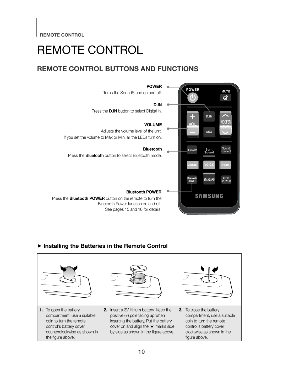 Samsung HW-H500/EN manual Remote Control Buttons and Functions, ++Installing the Batteries in the Remote Control, Power 