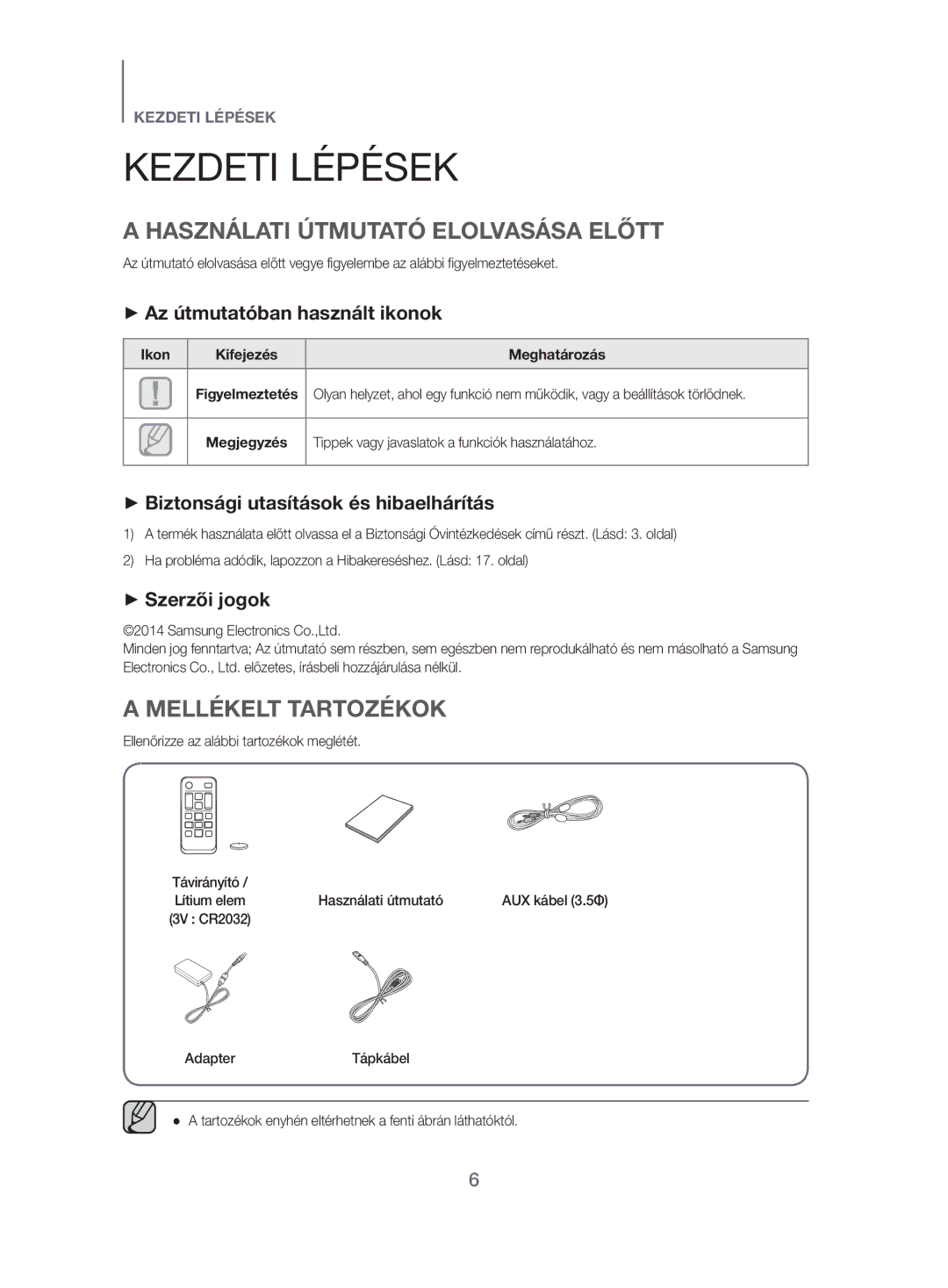 Samsung HW-H500/EN manual Kezdeti Lépések, Használati Útmutató Elolvasása Előtt, Mellékelt Tartozékok 