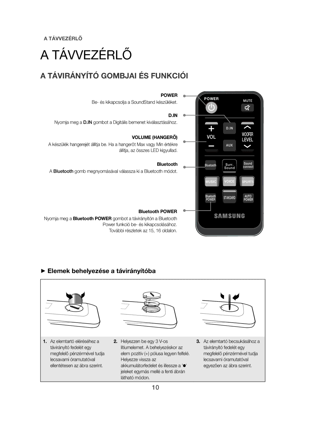 Samsung HW-H500/EN manual Távvezérlő, Távirányító Gombjai ÉS Funkciói, ++Elemek behelyezése a távirányítóba, Volume Hangerő 