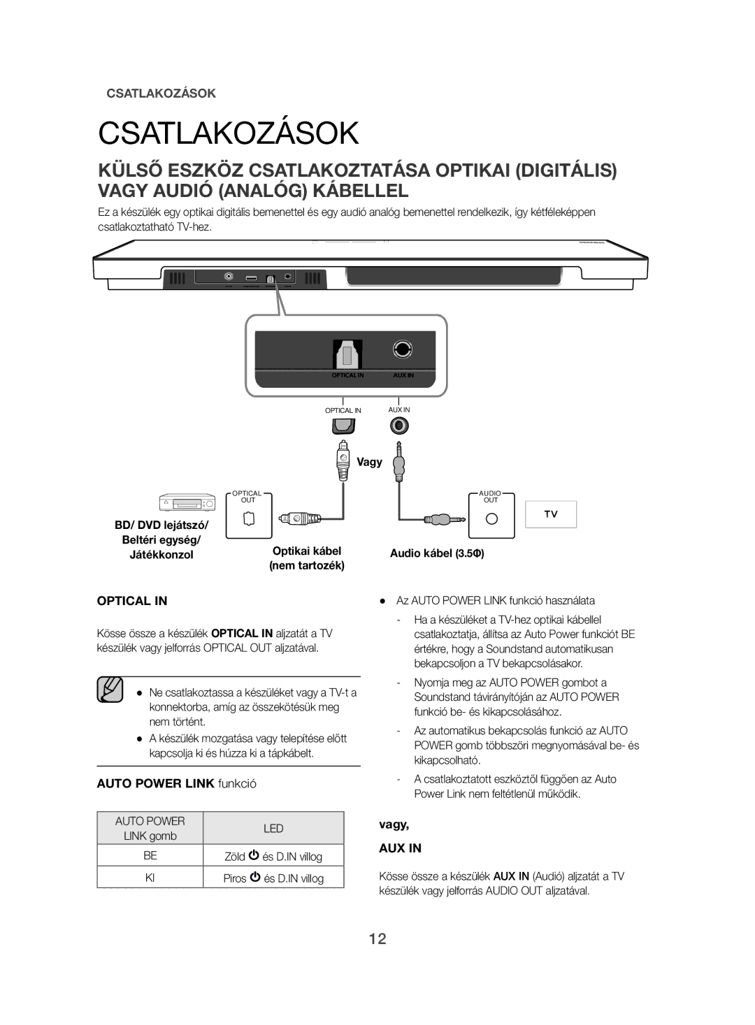 Samsung HW-H500/EN manual Csatlakozások, Auto Power Link funkció, Vagy, Audio kábel 3.5Φ 