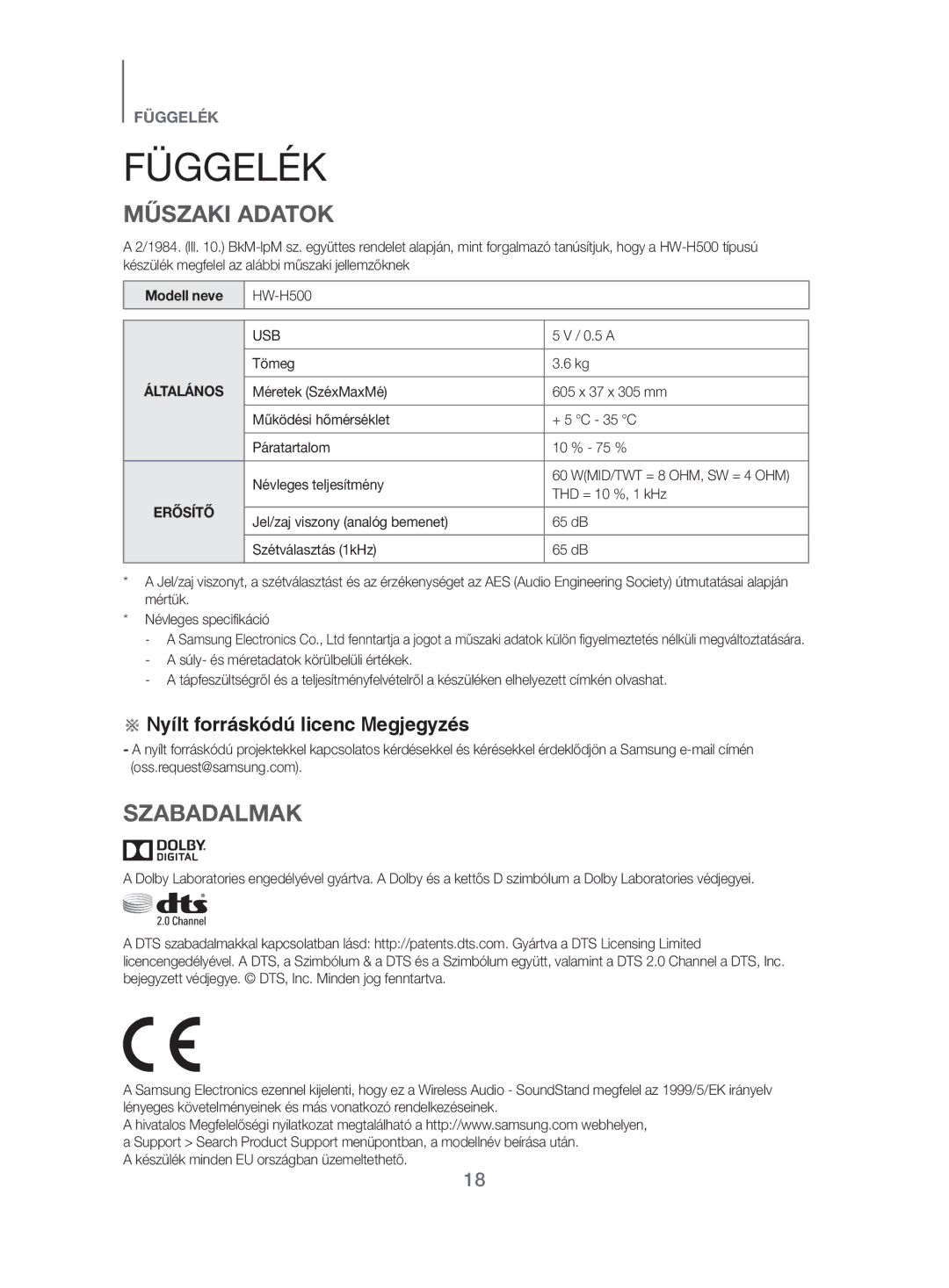 Samsung HW-H500/EN manual Függelék, Műszaki Adatok, Szabadalmak, Modell neve, 0.5 a 