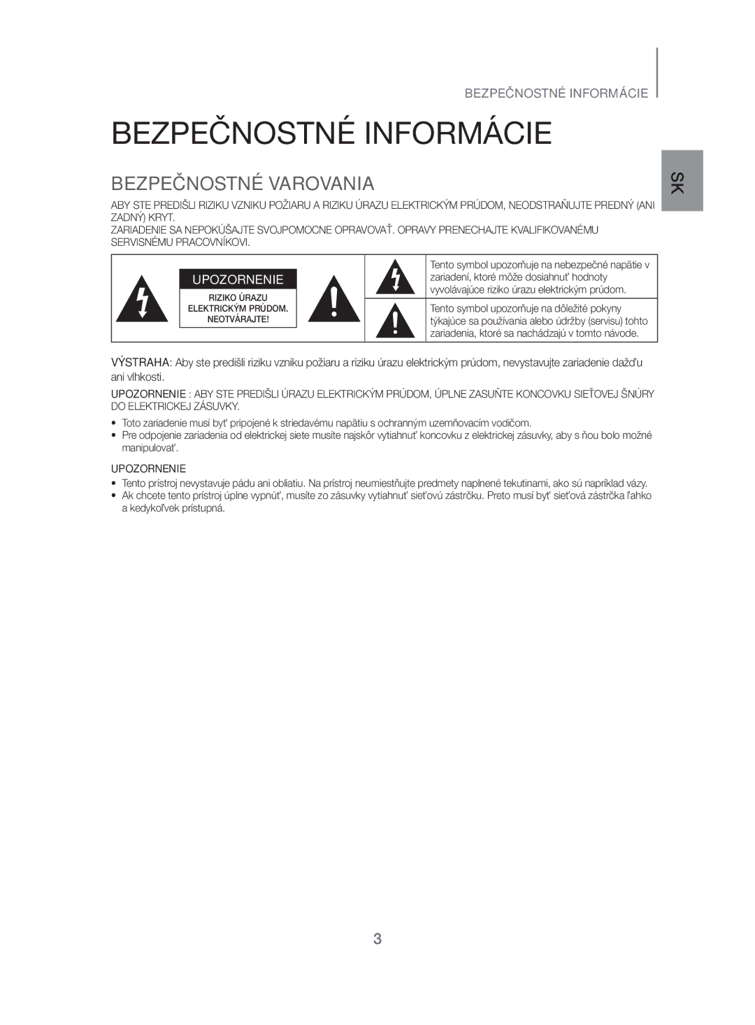 Samsung HW-H500/EN manual Bezpečnostné Informácie, Bezpečnostné Varovania 