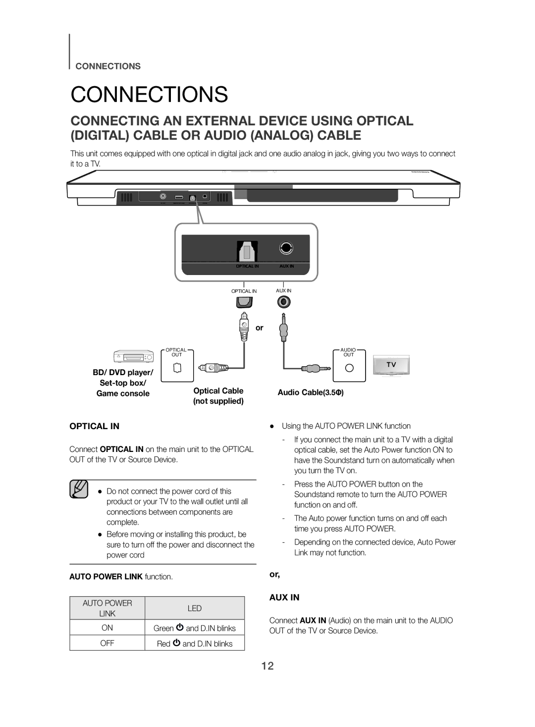 Samsung HW-H500/EN manual Connections, D.IN blinks, Audio Cable3.5Φ, Using the Auto Power Link function 