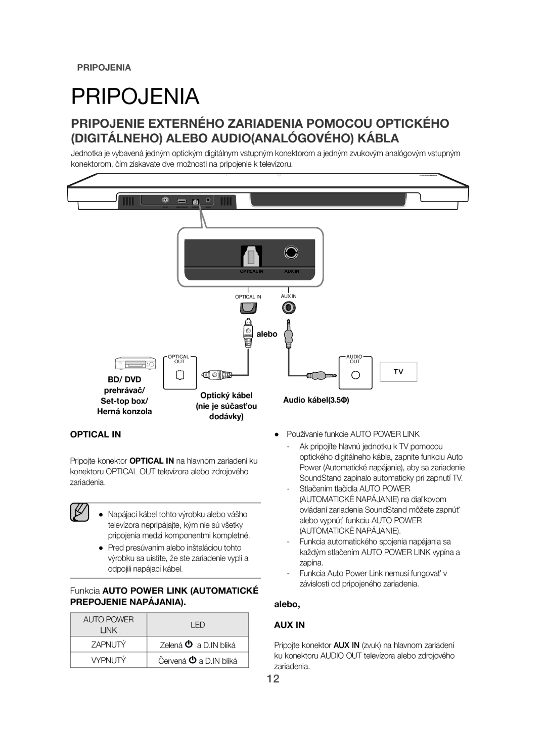 Samsung HW-H500/EN manual Pripojenia, Funkcia Auto Power Link Automatické, Alebo, Audio kábel3.5Φ 