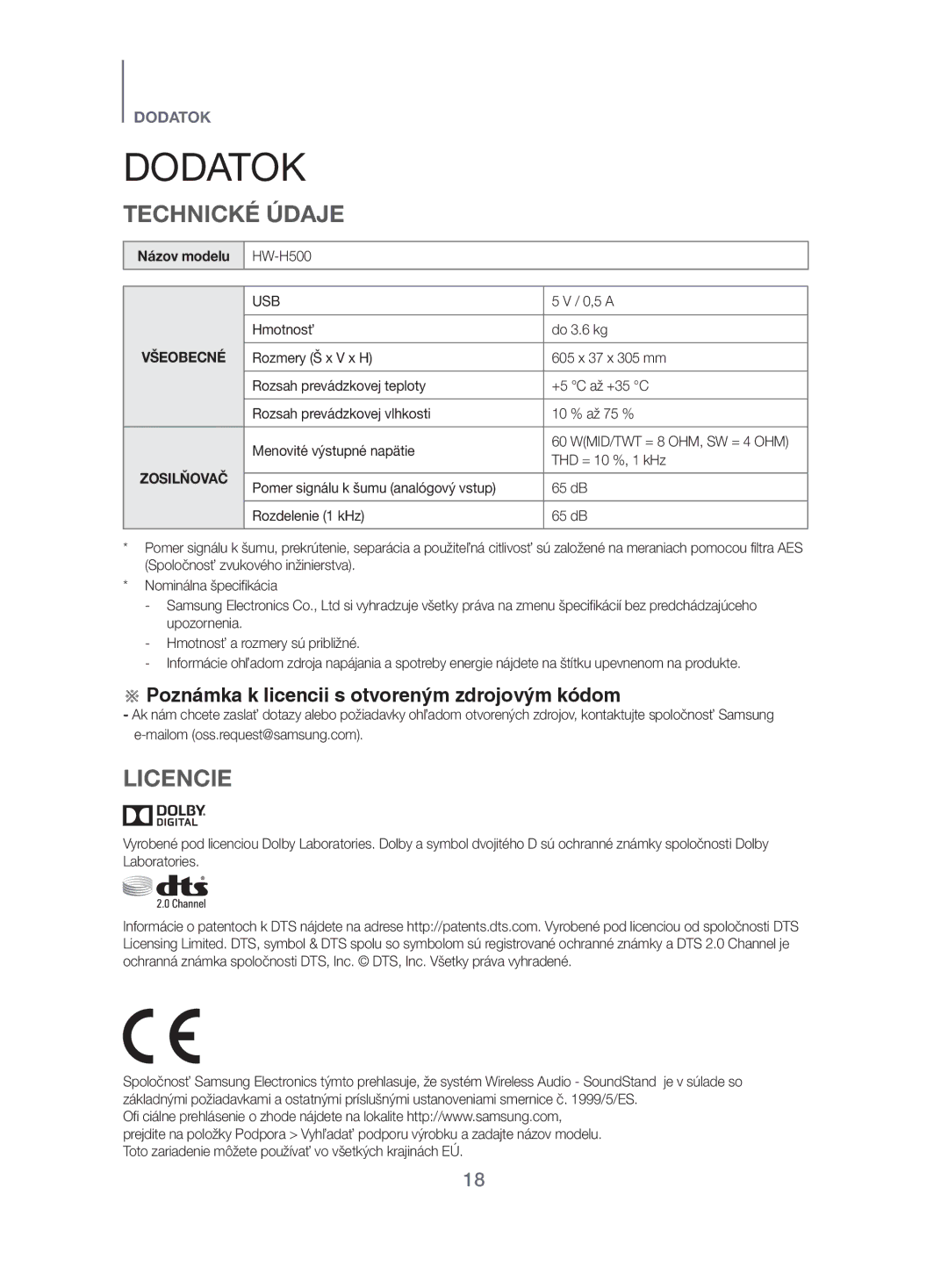 Samsung HW-H500/EN manual Dodatok, Technické Údaje, Licencie, Všeobecné, Zosilňovač 