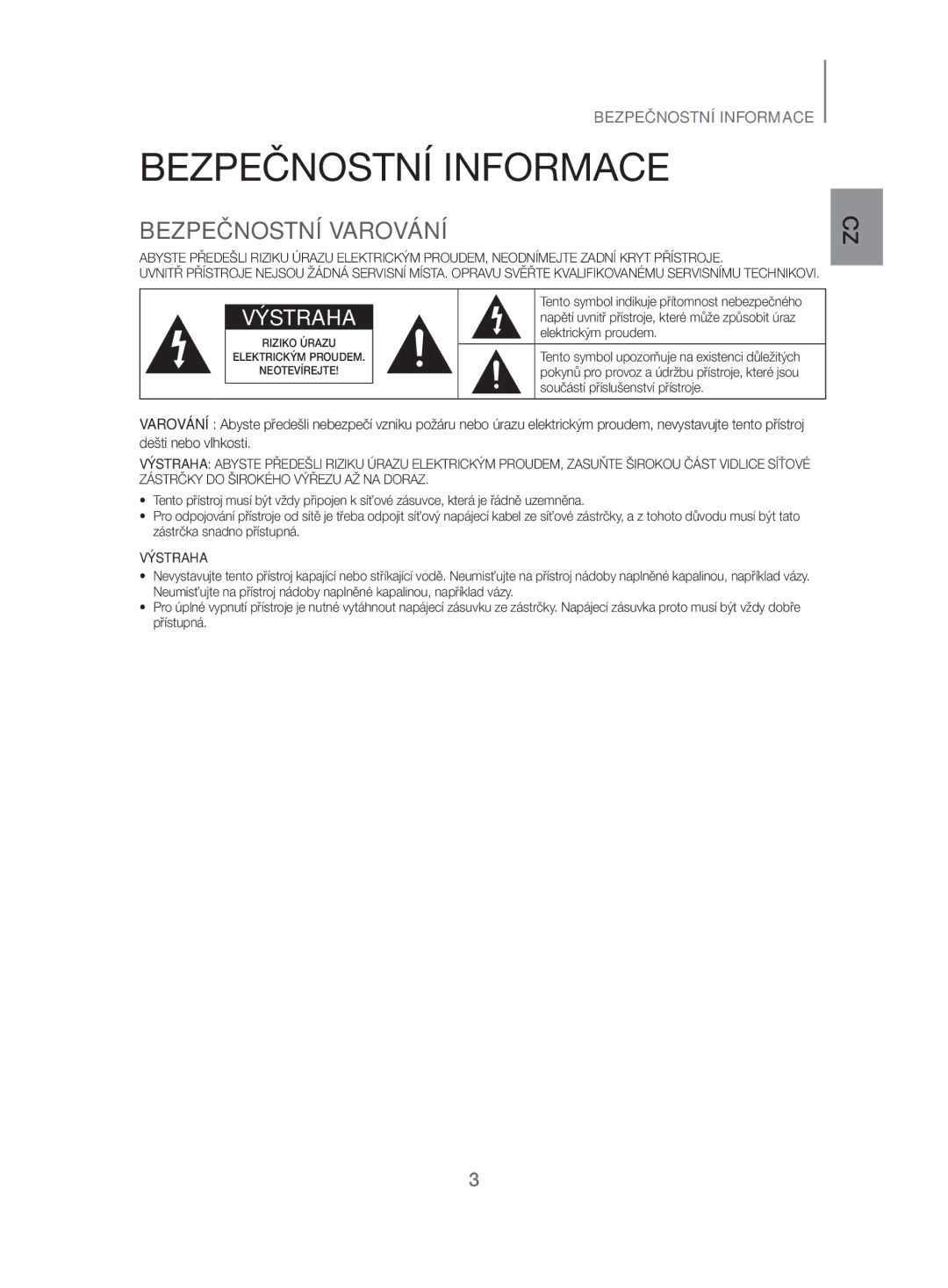 Samsung HW-H500/EN manual Bezpečnostní Informace, Bezpečnostní Varování 