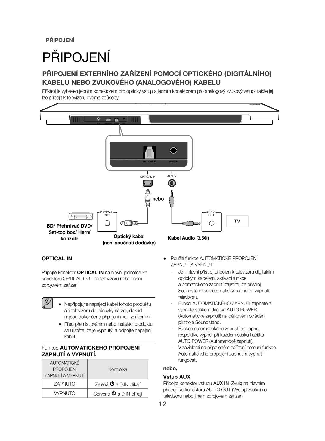 Samsung HW-H500/EN manual Připojení, Funkce Automatického Propojení, Nebo, Vstup AUX, Kabel Audio 3.5Φ 