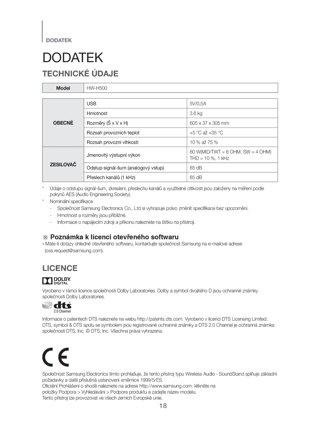 Samsung HW-H500/EN manual Model, 5V/0,5A 