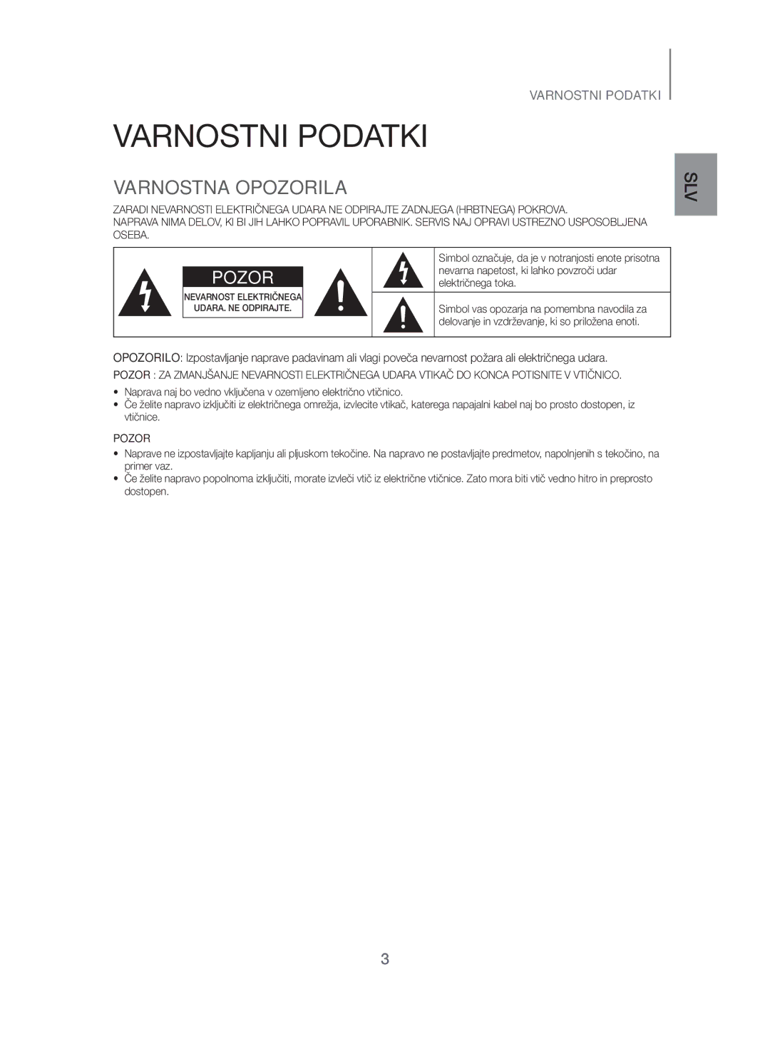 Samsung HW-H500/EN manual Varnostni Podatki, Varnostna Opozorila 