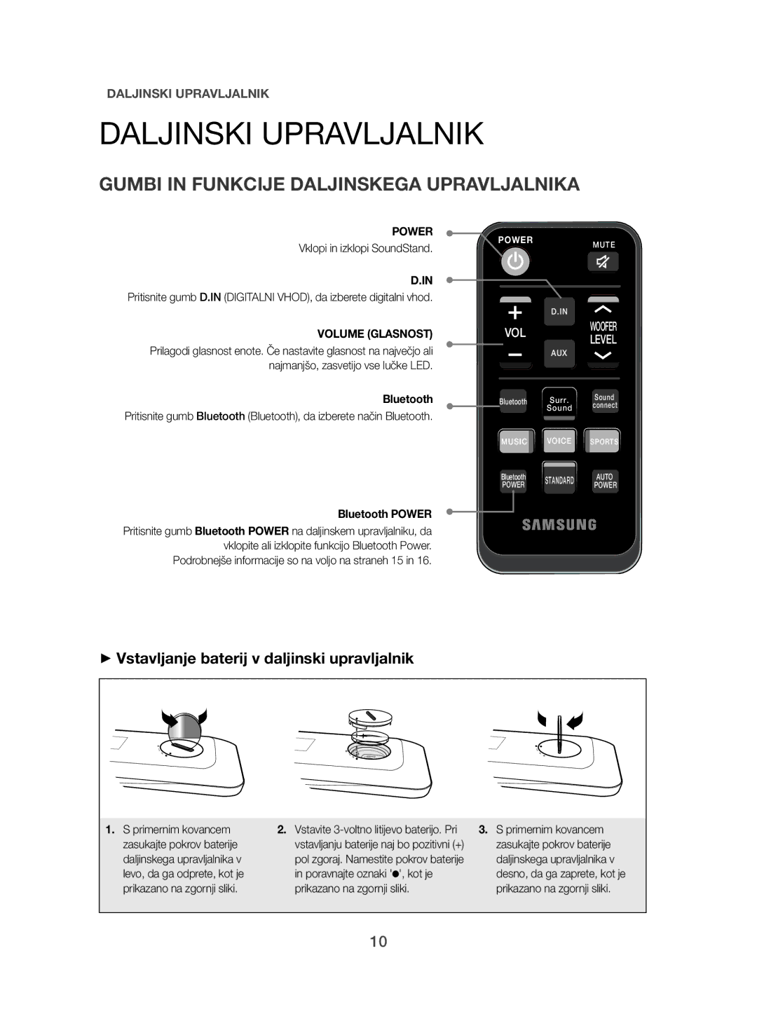 Samsung HW-H500/EN manual Daljinski Upravljalnik, Gumbi in Funkcije Daljinskega Upravljalnika, Vklopi in izklopi SoundStand 