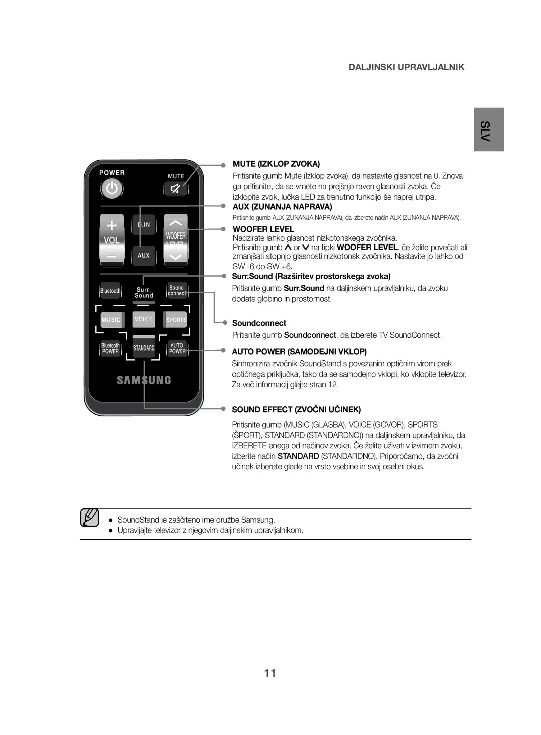 Samsung HW-H500/EN manual Mute Izklop Zvoka, AUX Zunanja Naprava, Surr.Sound Razširitev prostorskega zvoka 