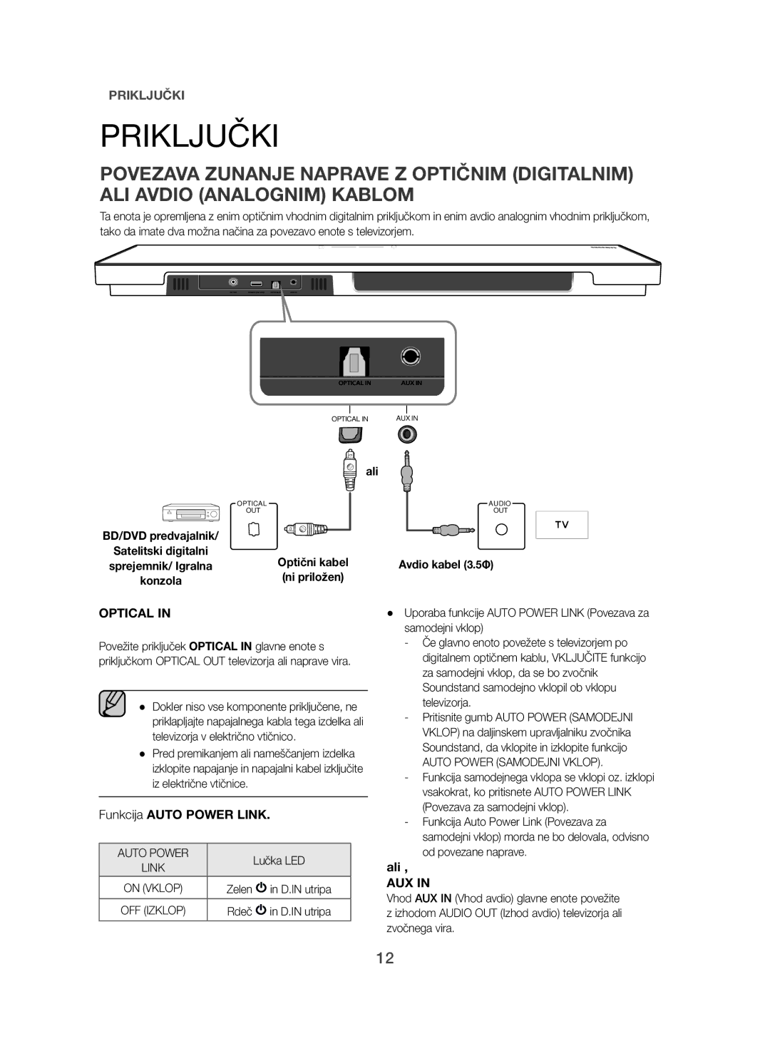 Samsung HW-H500/EN manual Priključki, Funkcija Auto Power Link, Ali, Avdio kabel 3.5Φ 