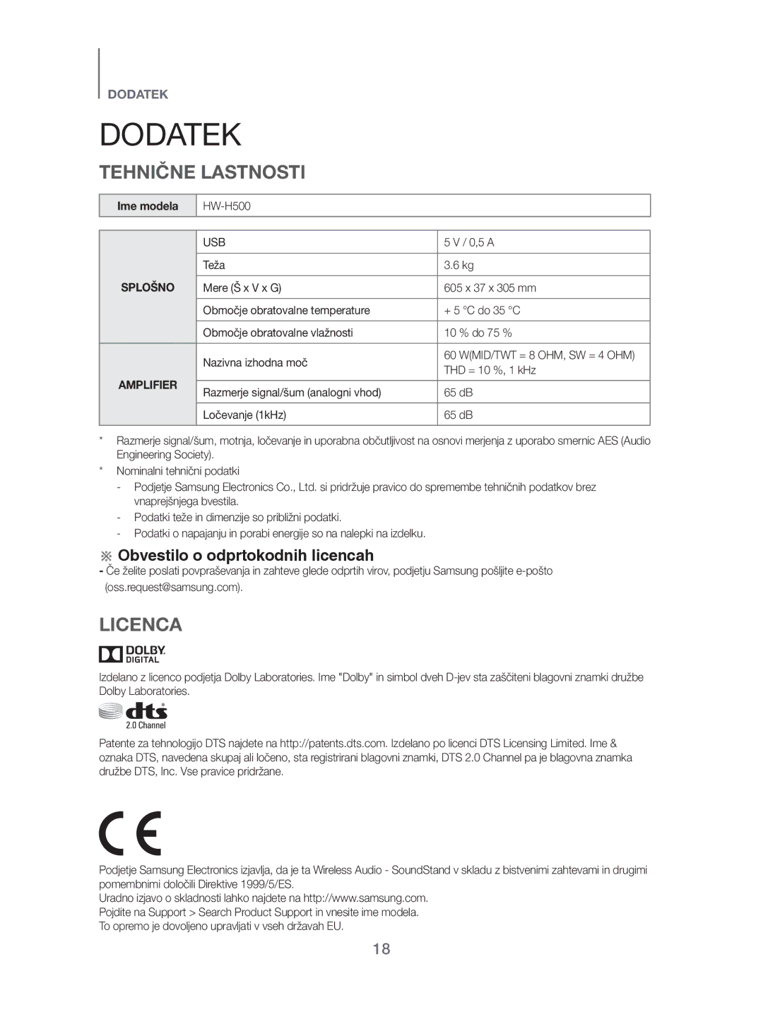 Samsung HW-H500/EN manual Tehnične Lastnosti, Licenca, Ime modela 