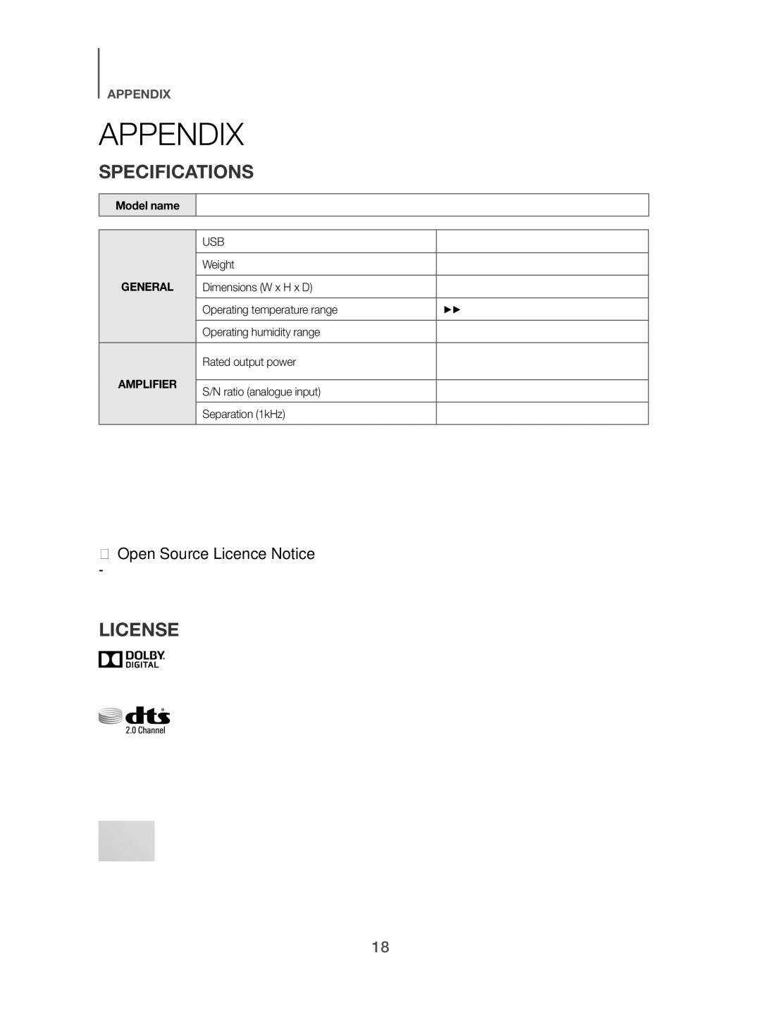 Samsung HW-H500/EN manual Appendix, Specifications, License, Model name 