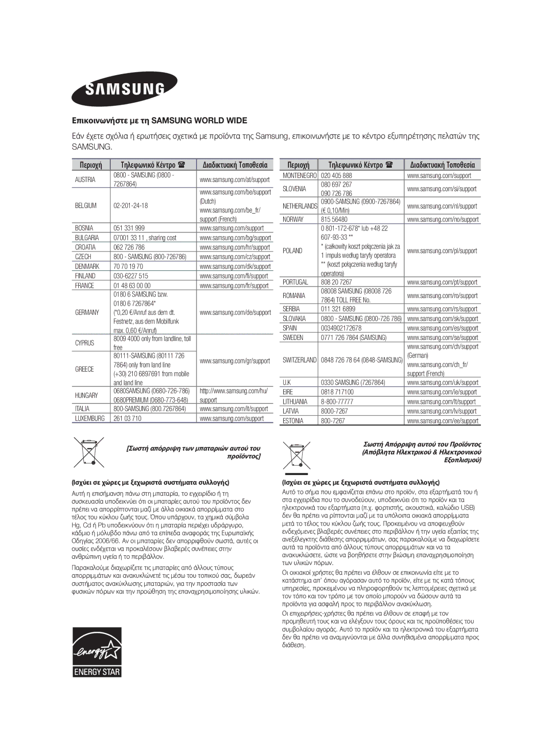 Samsung HW-H500/EN manual Επικοινωνήστε με τη Samsung World Wide, Περιοχή 