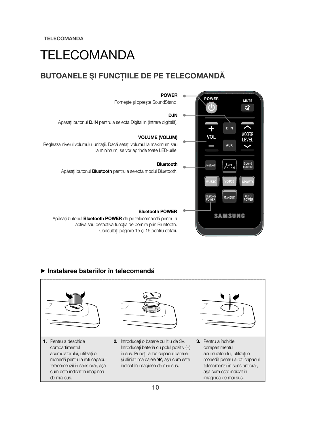 Samsung HW-H500/EN manual Telecomanda, Butoanele ŞI Funcţiile DE PE Telecomandă, ++Instalarea bateriilor în telecomandă 