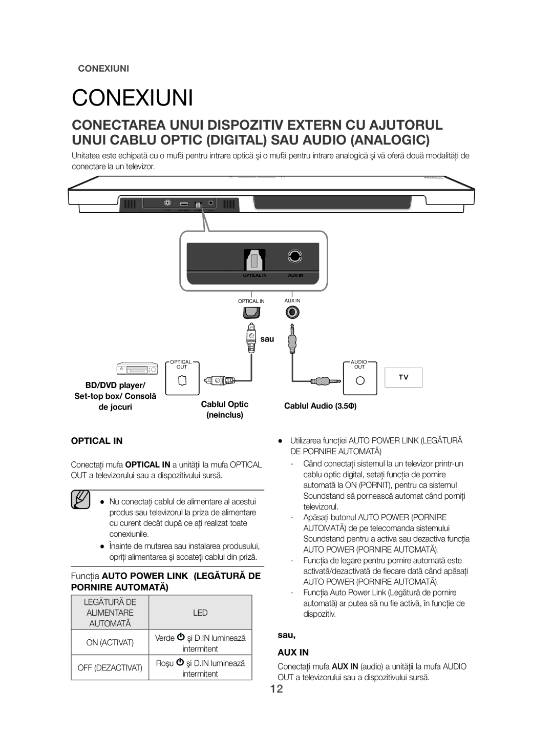 Samsung HW-H500/EN manual Conexiuni, Funcţia Auto Power Link Legătură DE, Sau, Cablul Audio 3.5Φ 