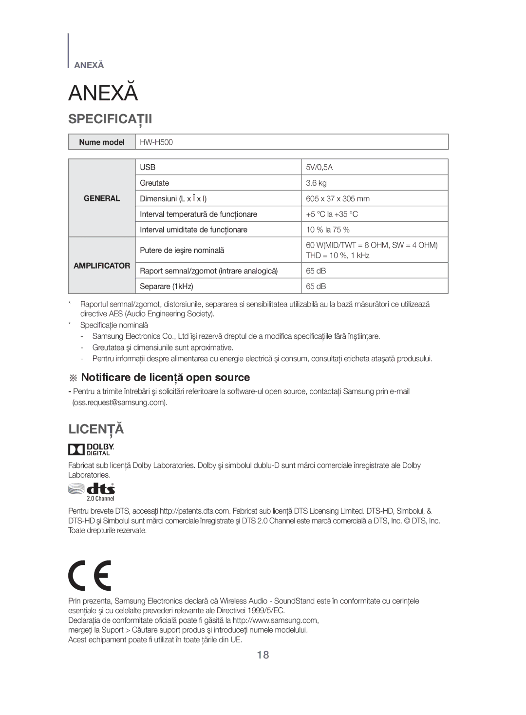 Samsung HW-H500/EN manual Anexă, Specificaţii, Licenţă, Nume model 