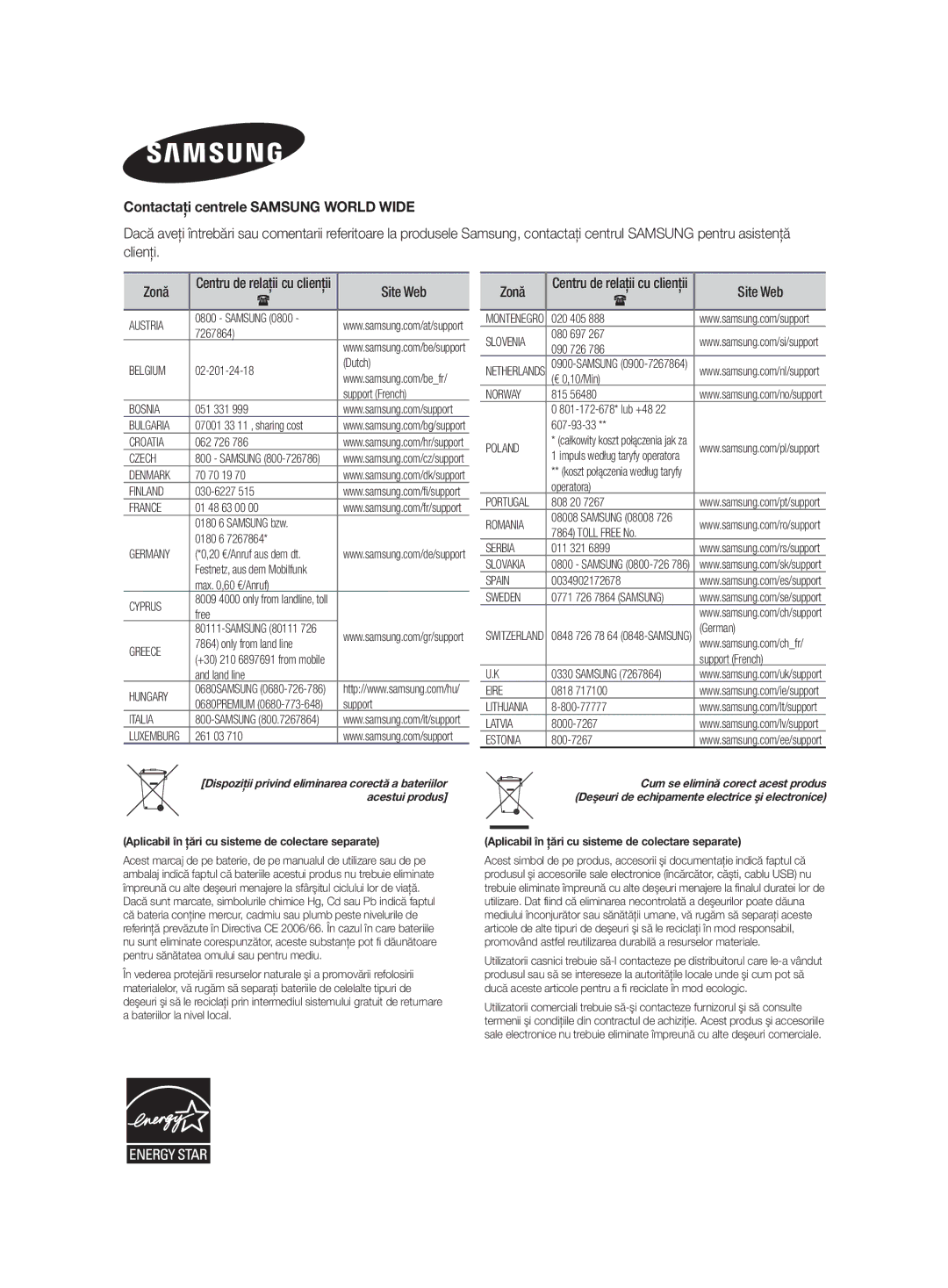 Samsung HW-H500/EN manual Contactaţi centrele Samsung World Wide, Site Web 