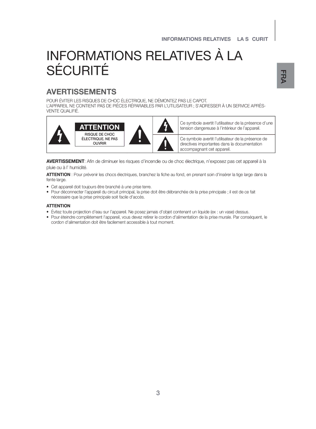 Samsung HW-H500/EN manual Informations Relatives À LA Sécurité, Avertissements 