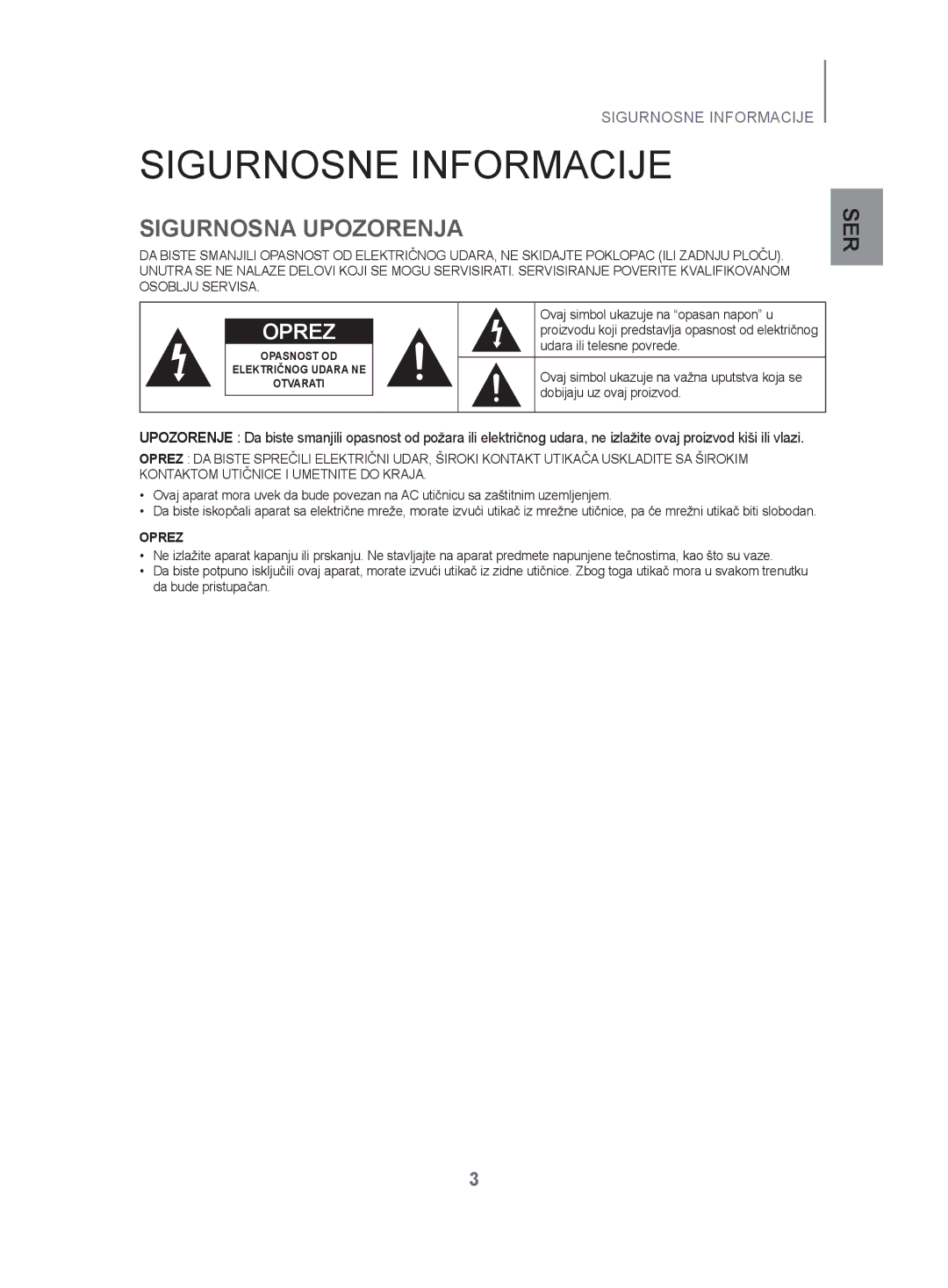 Samsung HW-H500/EN manual Sigurnosne Informacije, Sigurnosna Upozorenja 