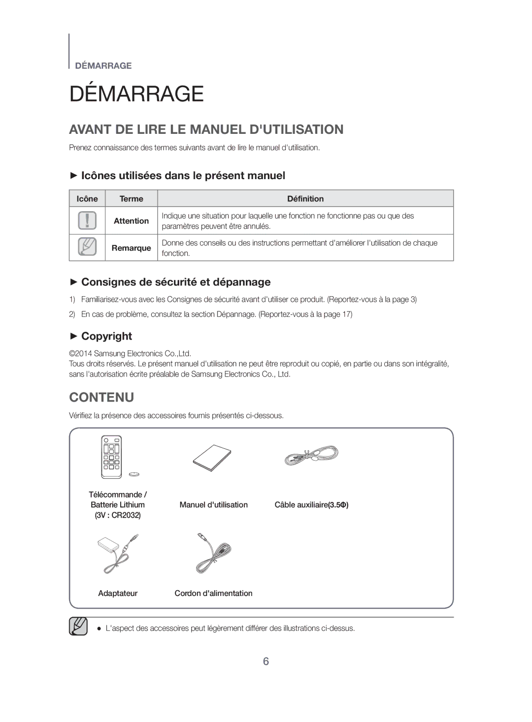 Samsung HW-H500/EN Démarrage, Avant DE Lire LE Manuel Dutilisation, Contenu, ++Icônes utilisées dans le présent manuel 