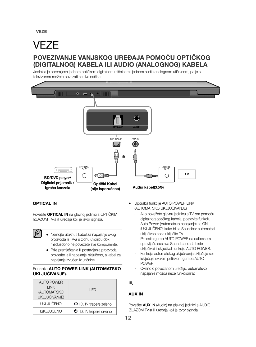 Samsung HW-H500/EN manual Veze, Funkcija Auto Power Link Automatsko, Audio kabel3.5Φ 