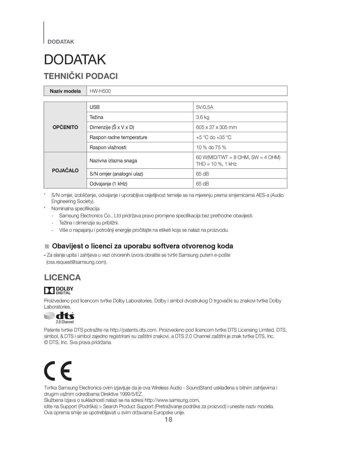 Samsung HW-H500/EN manual Tehnički Podaci, Općenito, Pojačalo 