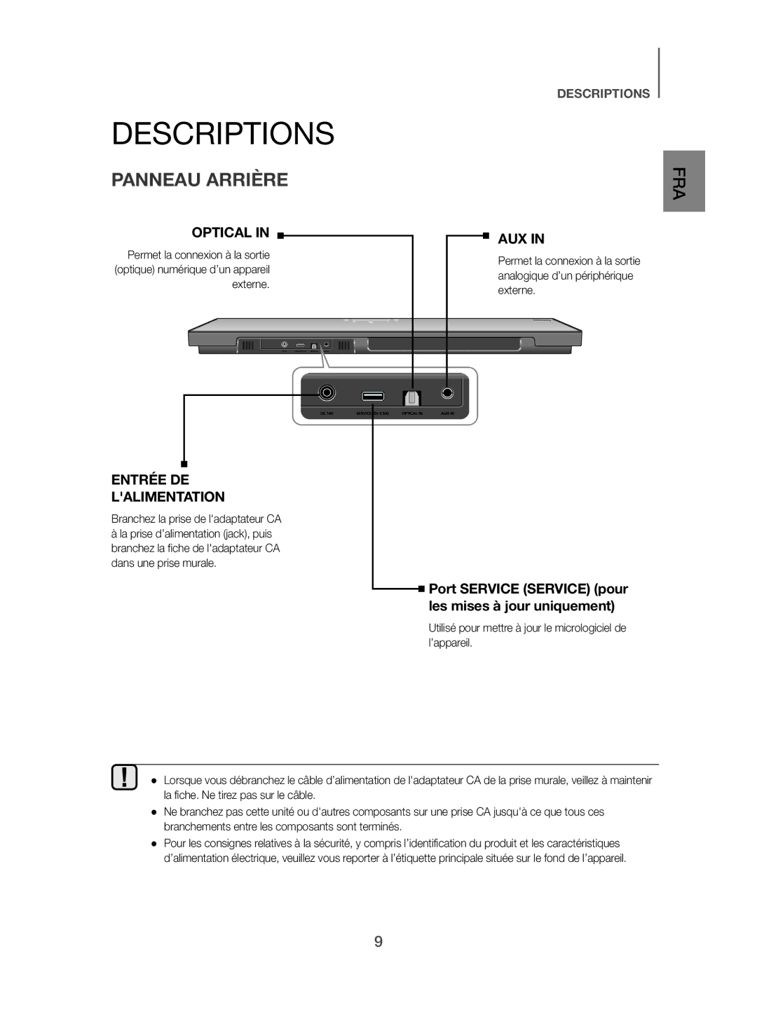 Samsung HW-H500/EN manual Panneau Arrière, Optical, Entrée DE Lalimentation, Branchez la prise de ladaptateur CA 