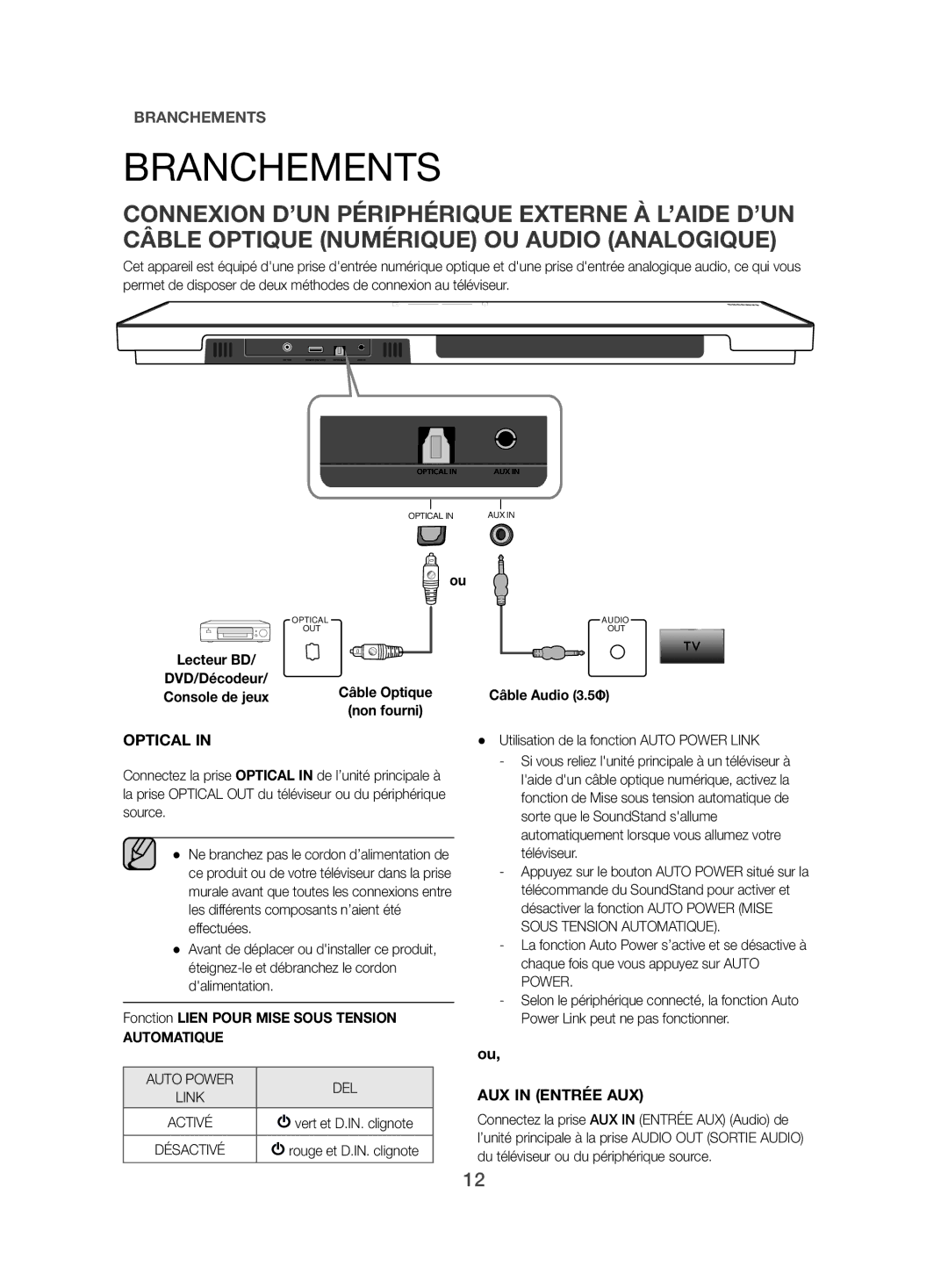 Samsung HW-H500/EN manual Branchements, Fonction Lien Pour Mise Sous Tension, Automatique, Câble Audio 3.5Φ 