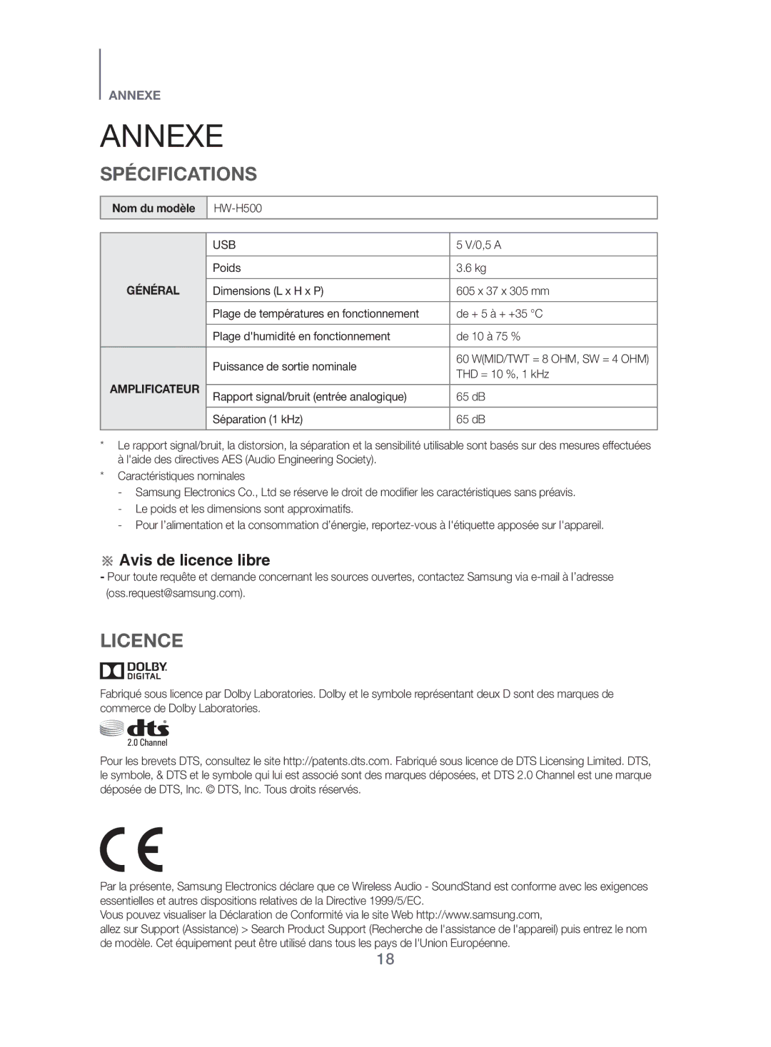 Samsung HW-H500/EN manual Annexe, Spécifications, Licence, Nom du modèle, 0,5 a 