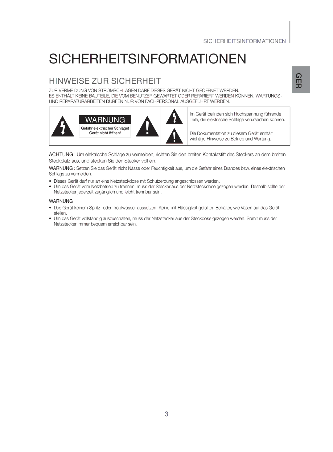 Samsung HW-H500/EN manual Sicherheitsinformationen, Hinweise ZUR Sicherheit 