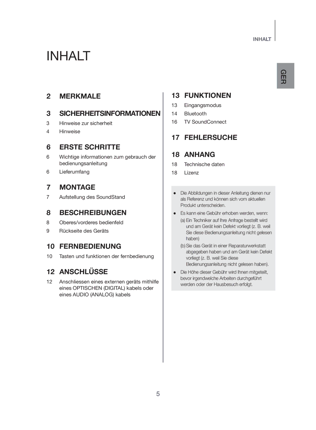 Samsung HW-H500/EN manual Inhalt, Es kann eine Gebühr erhoben werden, wenn 