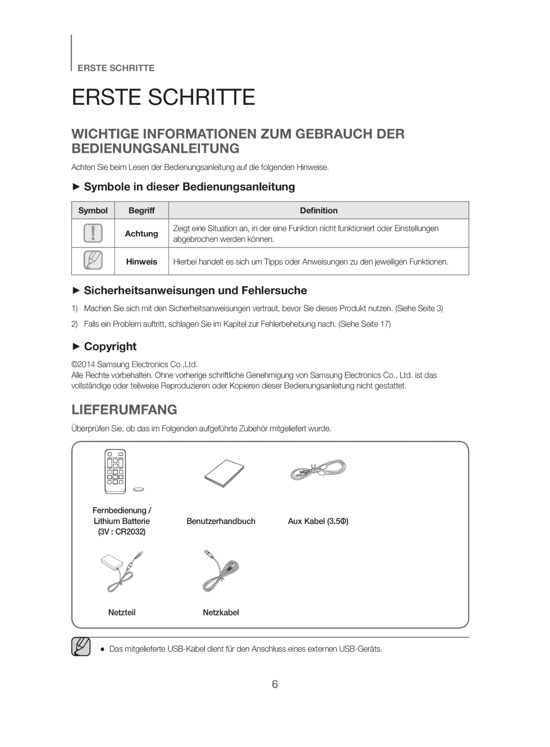 Samsung HW-H500/EN manual Erste Schritte, Wichtige Informationen ZUM Gebrauch DER Bedienungsanleitung, Lieferumfang 