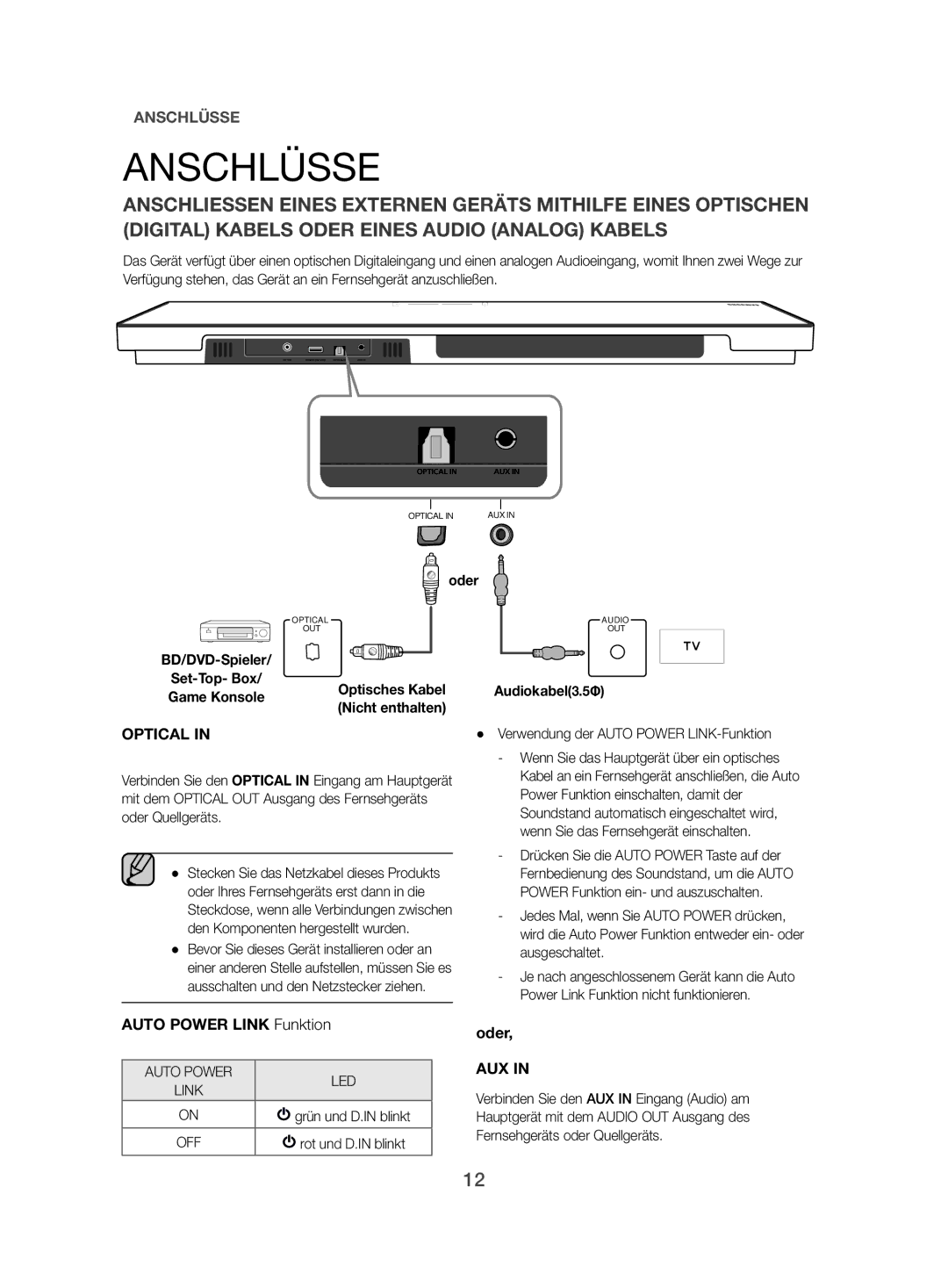 Samsung HW-H500/EN manual Anschlüsse, Auto Power Link Funktion, Oder, Audiokabel3.5Φ 