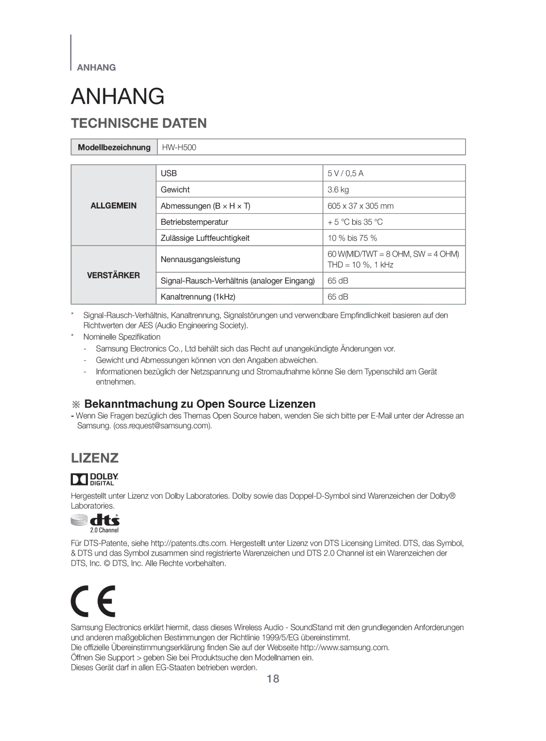 Samsung HW-H500/EN manual Anhang, Technische Daten, Lizenz, Modellbezeichnung 